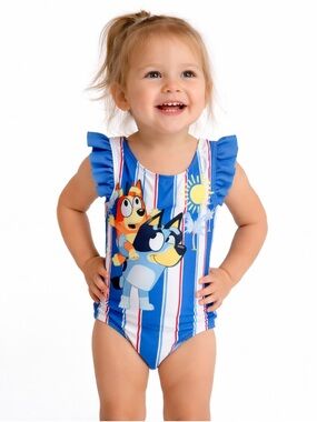 Bluey Baby Girl 18M One Piece Swimsuit Blue Stripe Ruffle UPF 50+ NWT
